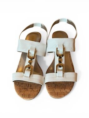 Anne Klein White Leather Cork Sandals with Gold Chain Accents - Ms. Foot Fashion